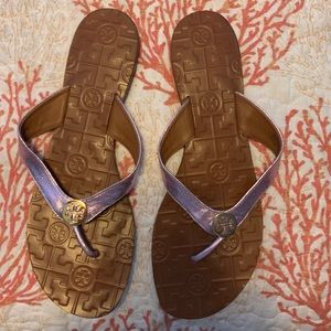 Tory Burch metallic lavender flip flops